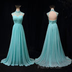 Blue Chiffon Lace And Beaded Cap Sleeves Formal Prom Party Dresses, A-Line Chiffon Formal Dresses