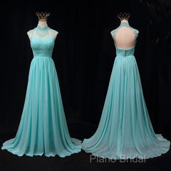 Blue Chiffon Lace And Beaded Cap Sleeves Formal Prom Party Dresses, A-Line Chiffon Formal Dresses