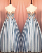 Blue Corset Long Satin Dresses With 3D Flowers