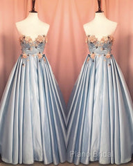Blue Corset Long Satin Dresses With 3D Flowers