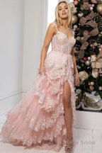 Blue Corset Tiered Lace Prom Dress with Slit