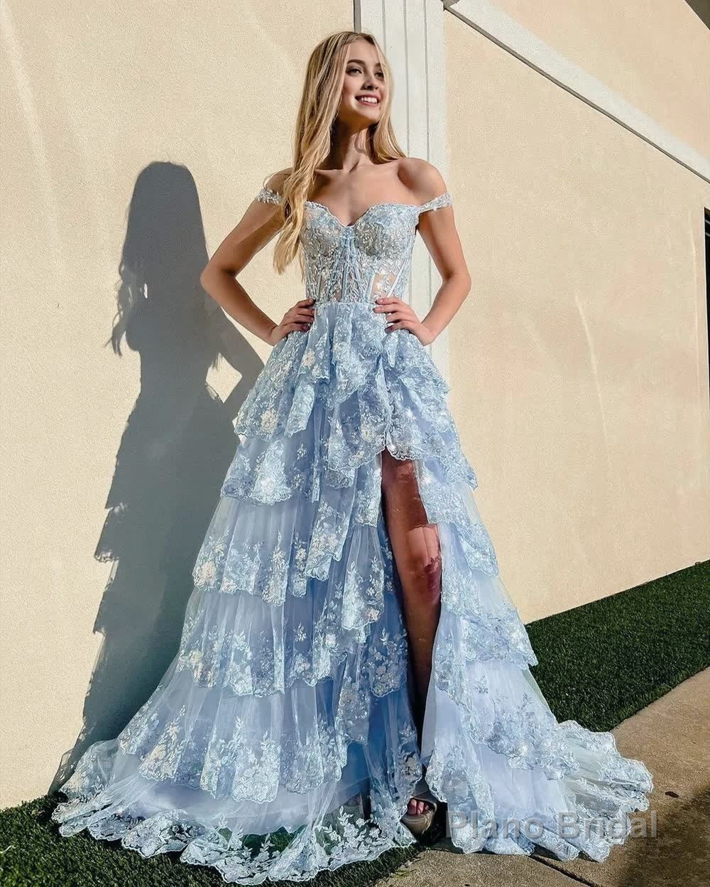 Blue Crystal Sequins Princess A Line Off the Shoulder Prom Dress with Lace Ruffles Main image