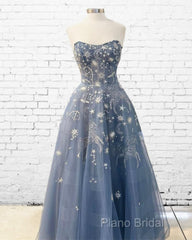 Blue Embroidery Tulle Dresses