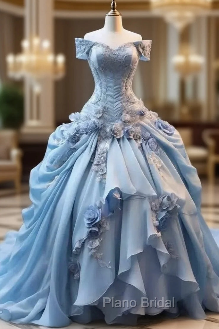 Blue Fairy 3D Floral Formal Prom Dresses Bustle Ruched Sweet 16 Ball Gown Quinceanera Dresses Main image