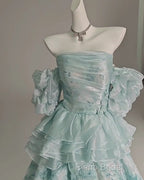 Blue Floral A-Line Strapless Organza Long Formal Prom Dresses Graduation Formal Prom Dresses