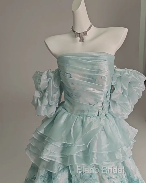Blue Floral A-Line Strapless Organza Long Formal Prom Dresses Graduation Formal Prom Dresses