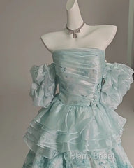 Blue Floral A-Line Strapless Organza Long Formal Prom Dresses Graduation Formal Prom Dresses