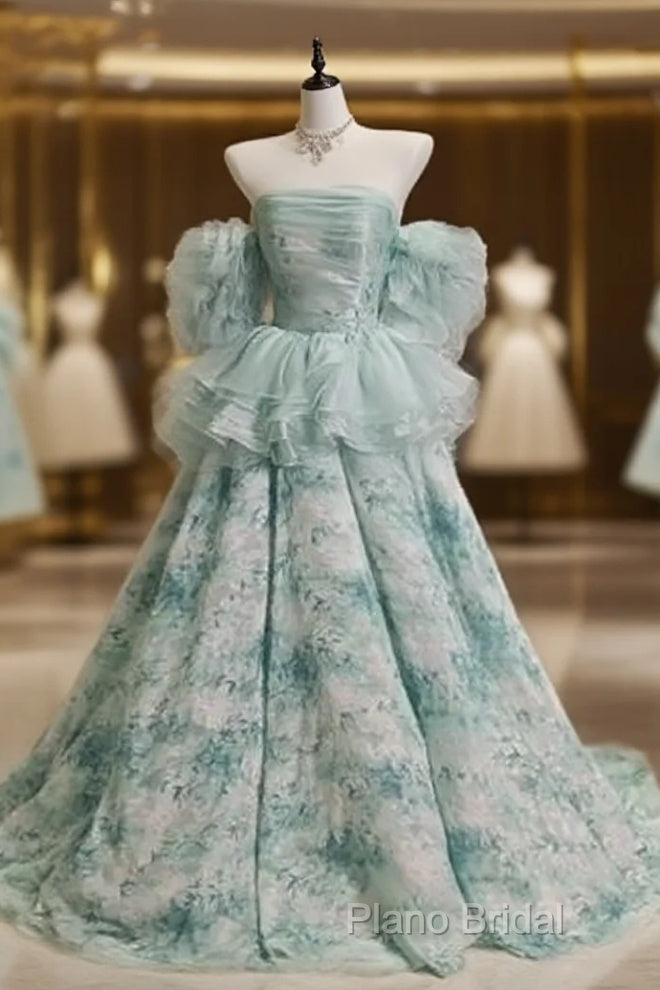 Blue Floral A-Line Strapless Organza Long Formal Prom Dresses Graduation Formal Prom Dresses Main image