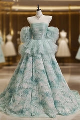 Blue Floral A-Line Strapless Organza Long Formal Prom Dresses Graduation Formal Prom Dresses