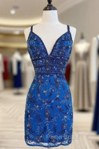 Blue Floral Lace Beaded Lace-Up Back Cocktail Dresses