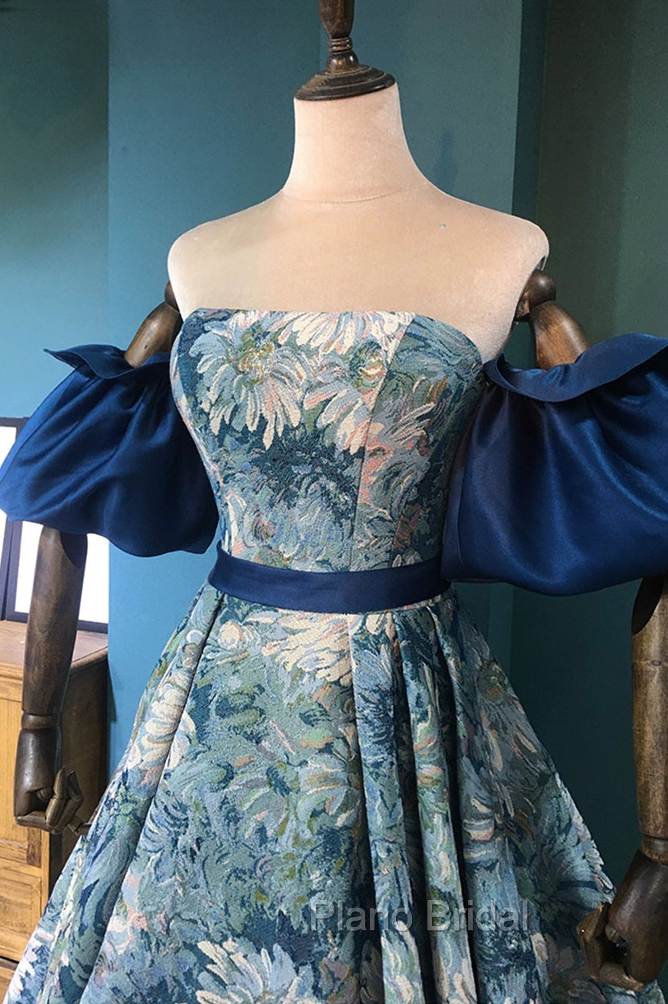 Blue Floral Pattern Long Senior Formal Prom Dresses, Off the Shoulder Evening Party Dresses