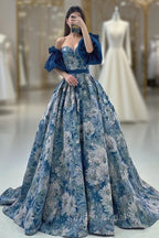 Blue Floral Pattern Long Senior Formal Prom Dresses, Off the Shoulder Evening Party Dresses