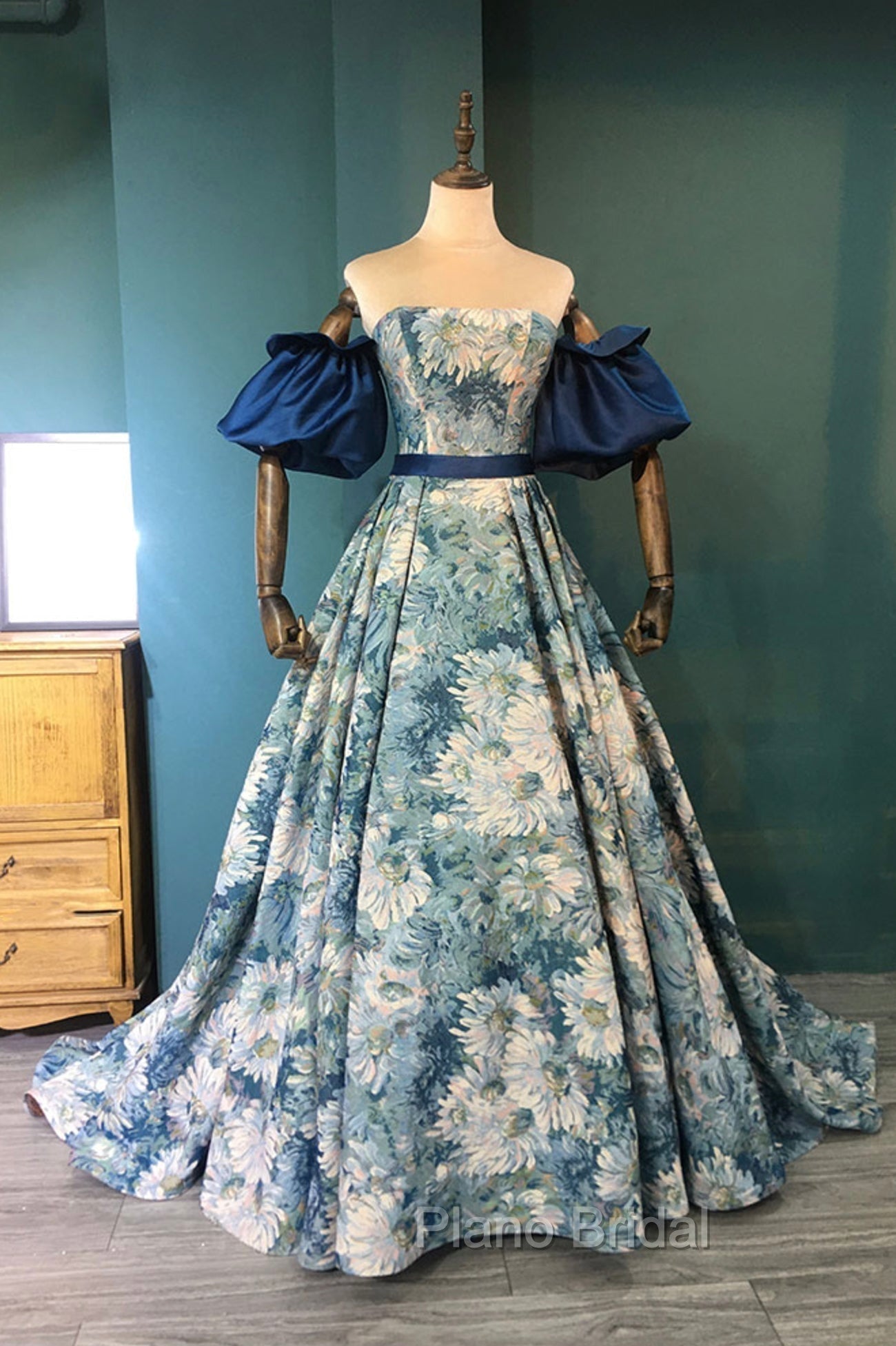 Blue Floral Pattern Long Senior Formal Prom Dresses, Off the Shoulder Evening Party Dresses Main image