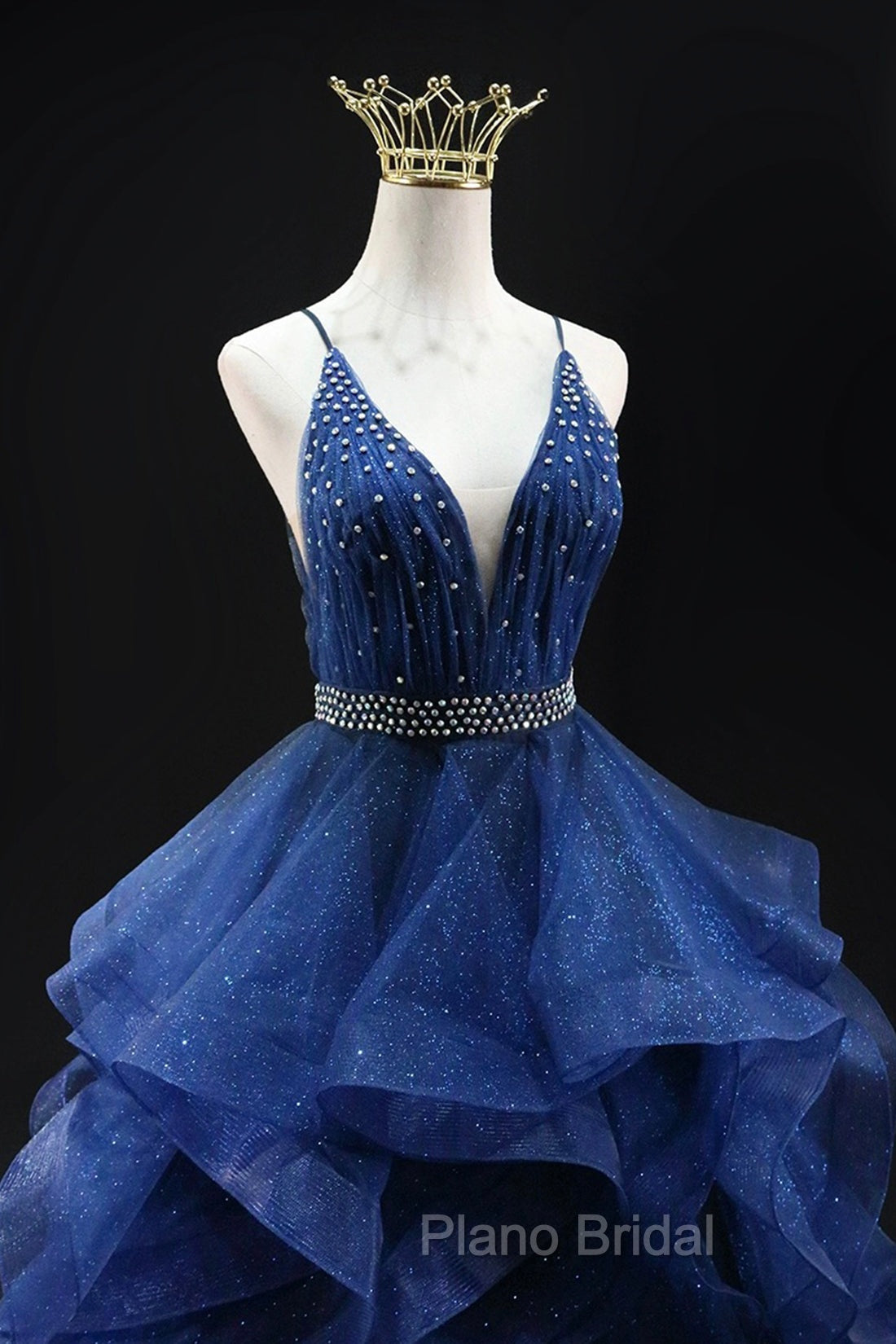 Blue Glitter Tulle Long A-Line Formal Prom Dresses, V-Neck Spaghetti Strap Backless Evening Party Dresses Secondary image