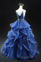 Blue Glitter Tulle Long A-Line Formal Prom Dresses, V-Neck Spaghetti Strap Backless Evening Party Dresses