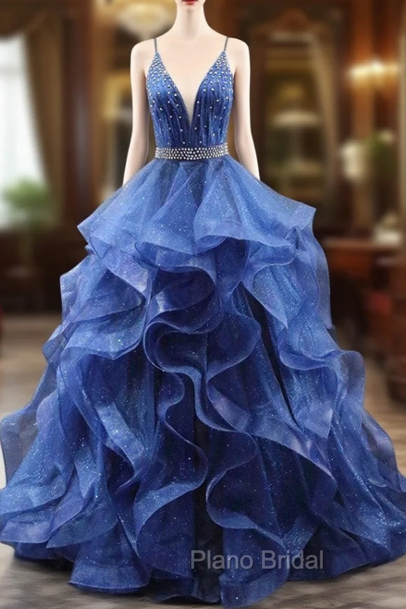 Blue Glitter Tulle Long A-Line Formal Prom Dresses, V-Neck Spaghetti Strap Backless Evening Party Dresses Main image