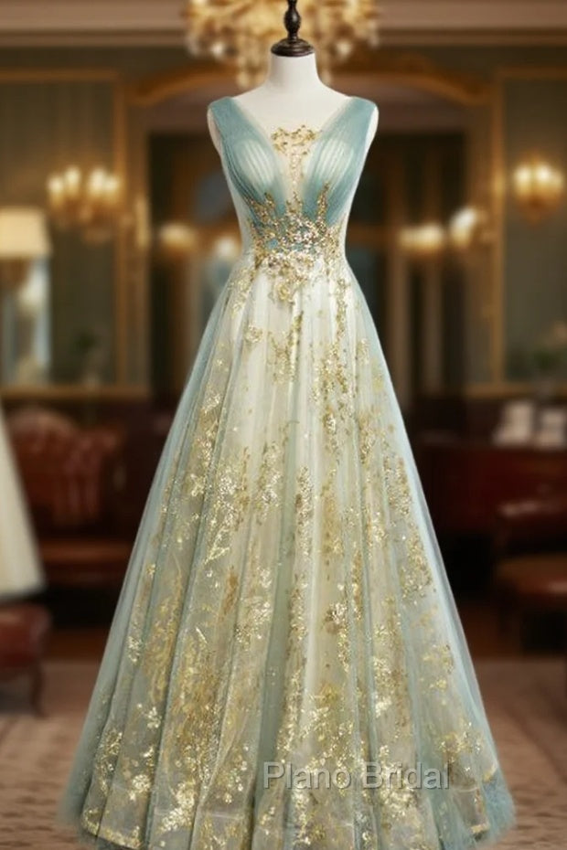 Blue Gold Tulle Sequins V-neck Pleats Formal Prom Dresses