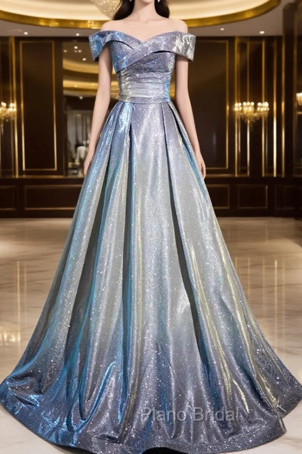 Blue Gradient A-Line Floor Length Formal Prom Dresses, Blue Off The Shoulder Evening Party Dresses