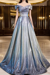 Blue Gradient A-Line Floor Length Formal Prom Dresses, Blue Off The Shoulder Evening Party Dresses