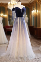 Blue Gradient Tulle Long Party Dresses,A-line Off Shoulder Formal Dresses