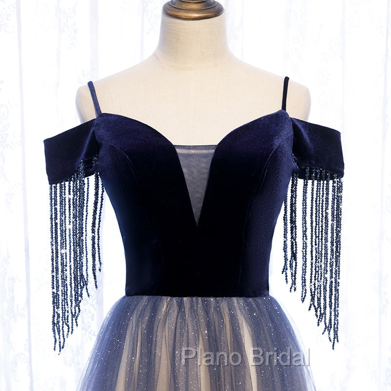 Blue Gradient Tulle Long Party Dresses,A-line Off Shoulder Formal Dresses