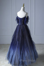 Blue Gradient Tulle Long Formal Prom Dresses, Spaghetti Strap Evening Dresses