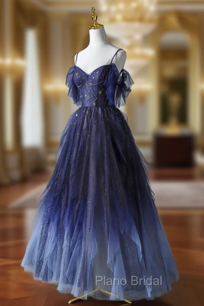 Blue Gradient Tulle Strapls Beading Formal Prom Dresses