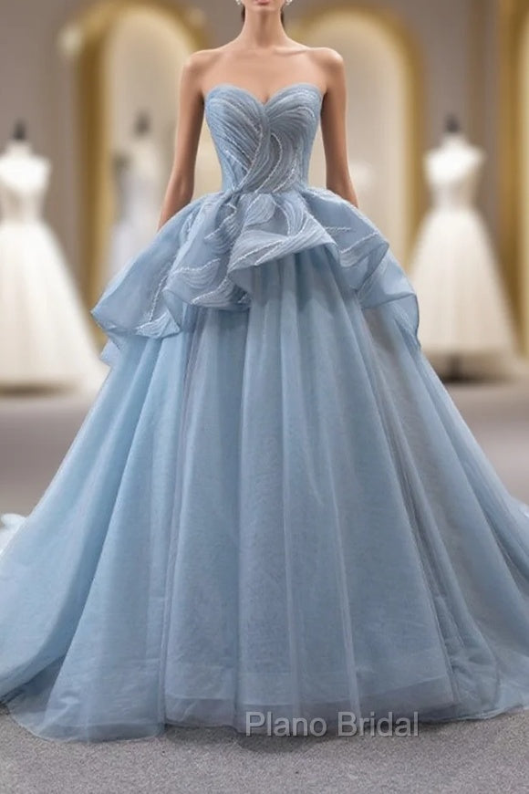 Blue Gray Tulle Sweetheart Pleats Formal Prom Dresses