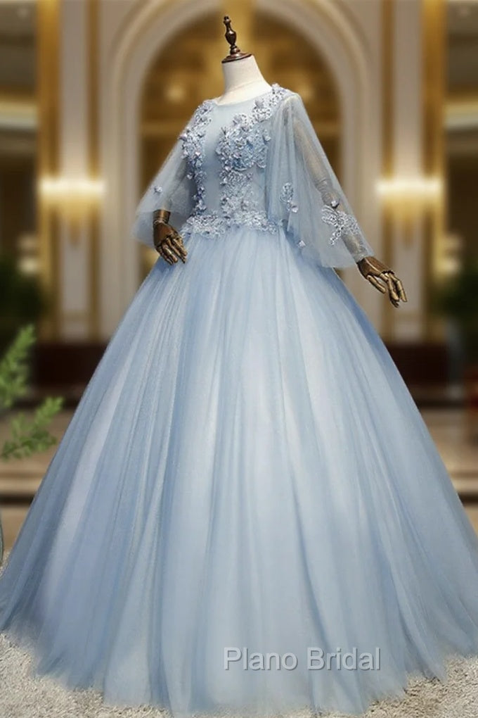 Blue-Grey Ball Gown Tulle Sweet 16 Dresses with Lace, Long Formal Dresses