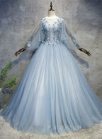 Blue-Grey Ball Gown Tulle Sweet 16 Dresses with Lace, Long Formal Dresses