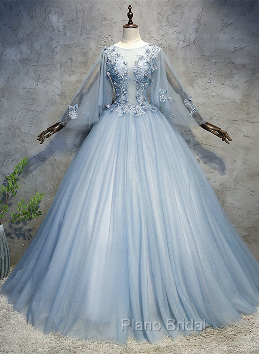 Blue-Grey Ball Gown Tulle Sweet 16 Dresses with Lace, Long Formal Dresses