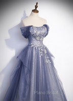 Blue-Grey Long A-line Off Shoulder Party Dresses, New A-line Formal Prom Dresses Evening Dresses