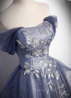 Blue-Grey Long A-line Off Shoulder Party Dresses, New A-line Formal Prom Dresses Evening Dresses