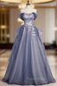 Blue-Grey Long A-line Off Shoulder Party Dresses, New A-line Formal Prom Dresses Evening Dresses