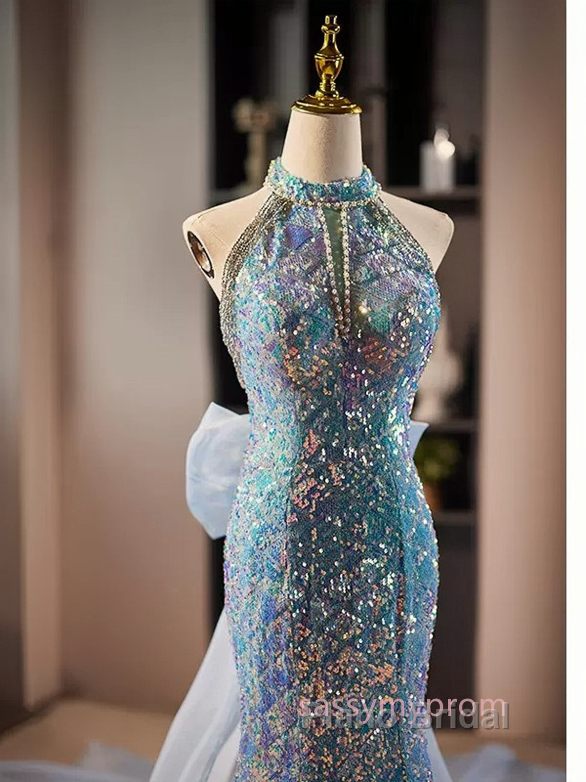 Blue Halter Beading Sequin Mermaid Formal Prom Dresses With Detachable Bow Secondary image
