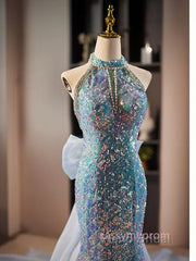 Blue Halter Beading Sequin Mermaid Formal Prom Dresses With Detachable Bow