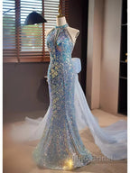 Blue Halter Beading Sequin Mermaid Formal Prom Dresses With Detachable Bow