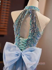 Blue Halter Beading Sequin Mermaid Formal Prom Dresses With Detachable Bow