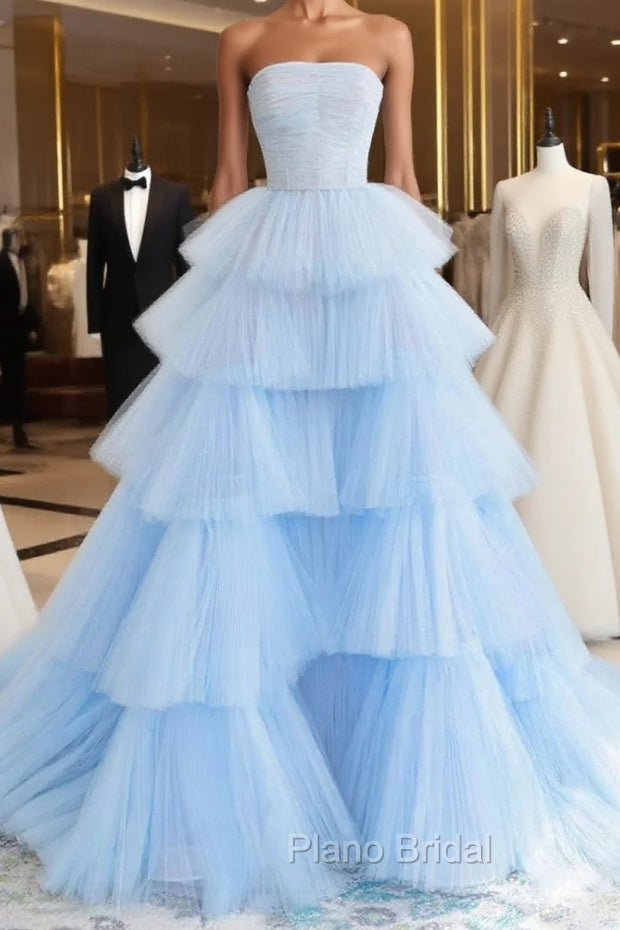 Blue High Low Tulle Formal Prom Dresses, Blue Tulle High Low Formal Graduation Dresses Main image