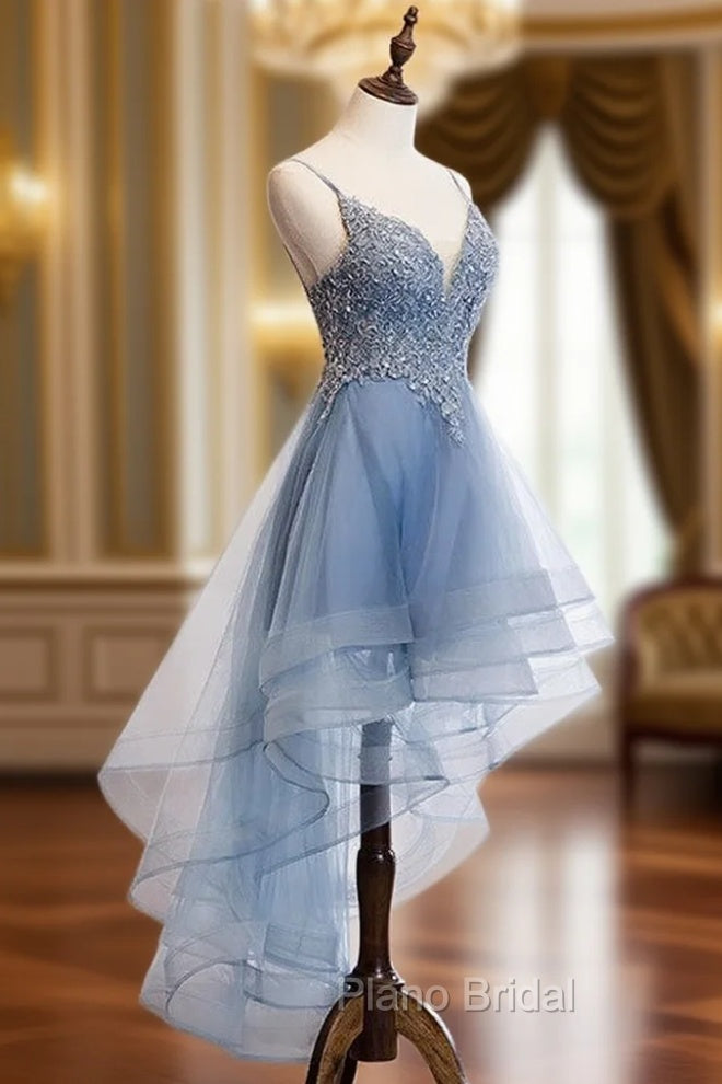 Blue High Low Tulle V-neckline Straps Party Dresses with Lace, Cute Homecoming Dresses