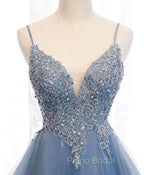 Blue High Low Tulle V-neckline Straps Party Dresses with Lace, Cute Homecoming Dresses