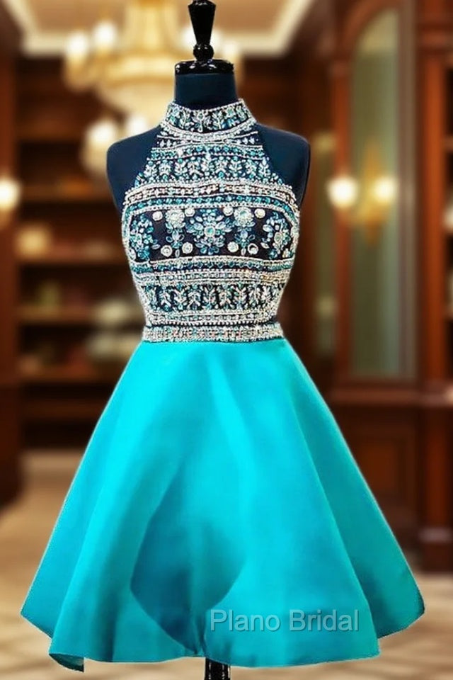 Blue High Neck Beaded Crystals Backless Party Homecoming Dresses Main image