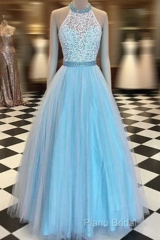 Blue High Neck Lace Tulle Long Formal Prom Dresses, Blue Formal Dresses