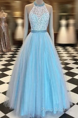 Blue High Neck Lace Tulle Long Formal Prom Dresses, Blue Formal Dresses