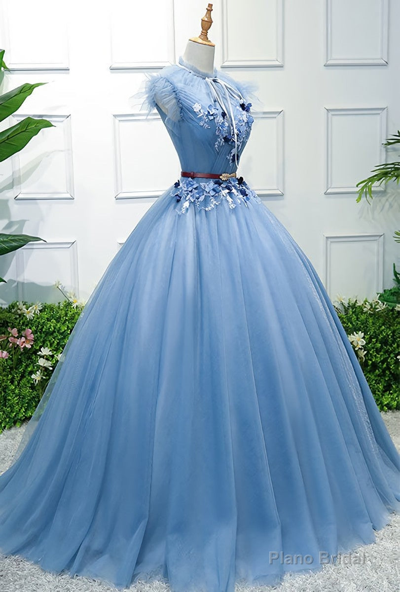 Blue High Neck Tulle Blue Long Prom Dress, Blue Evening Dress Main image