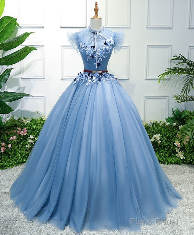 Blue High Neck Tulle Blue Long Prom Dress, Blue Evening Dress Secondary image