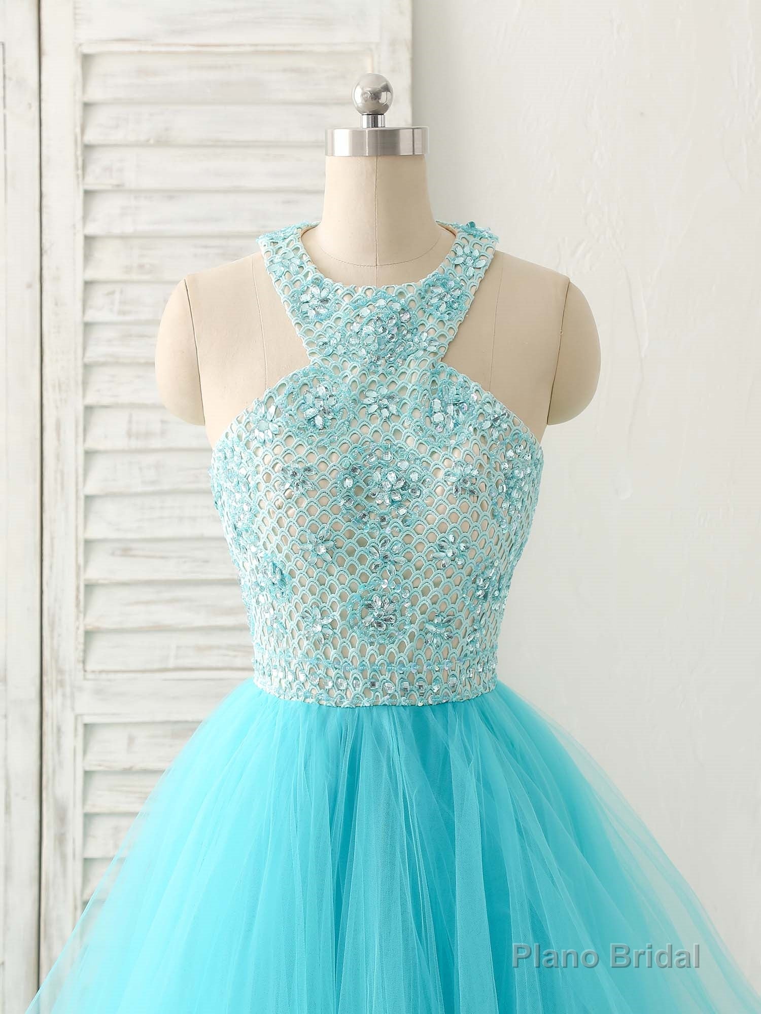 Blue High Neck Tulle Long Prom Dress Blue Evening Dress