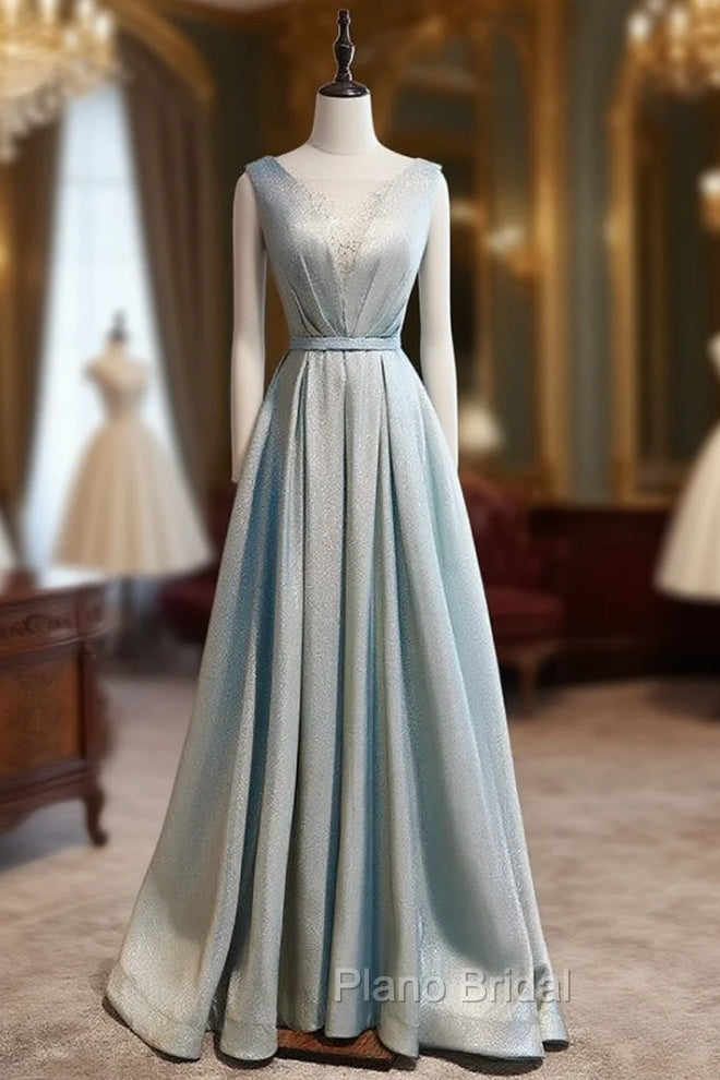 Blue Illusion V-neck Pleats Beading Formal Prom Dresses Main image