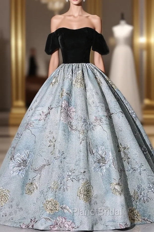 Blue Jacquard Black Velvet Quinceanera Dresses Main image