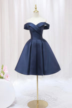 Blue Knee Length Satin Short Formal Prom Dresses, Off the Shoulder Blue Homecoming Dresses